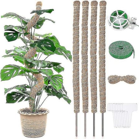 4 Pak 25" Kokosfibremosstang, Opgraderet Bøjbar Plante Støtte Mosstang Til Monstera Med Twist Ties Plantebind Etiketter Jutetov, Formelssikre Pind