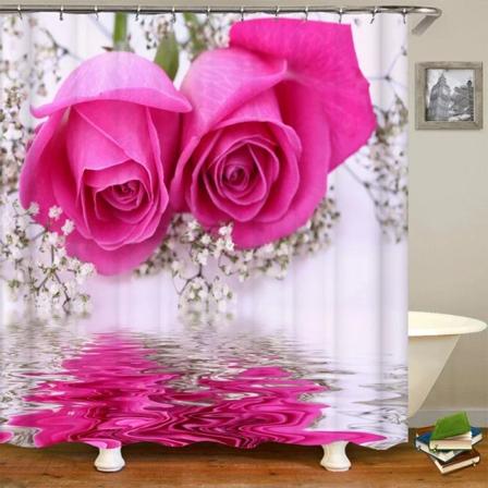 Röd Rose Fjäril Blommor Duschdraperi 3D Badrumsgardin Tyg Vattentät Polyester Tvättbar Set 1530SD 200x180cm-78x70in