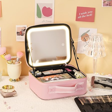 Makeup Taske med Spejl og Lys 3 Farver, Rejse Makeup Taske med Spejl Bærbar Belyst Makeup Organizer Kosmetik Taske, Fødselsdagsgave