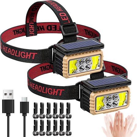 2025 Seneste Model Solar Pandelampe til Camping, Genopladelig LED-forlygte til Voksne med Bevægelsessensor, Seks Justerbare Tilstande, Vandtæt, Li