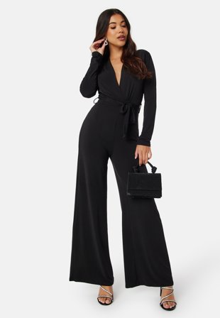John Zack Deep V Wide Leg Jumpsuit Black Vaatteet