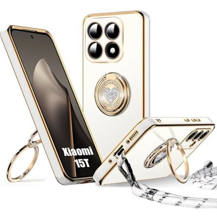 Beskyttelse for Xiaomi 15T, mykt silikonstøtte med roterende ring - Hvit