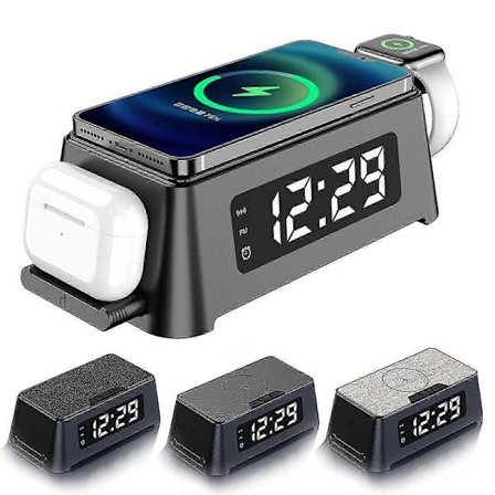 4 i 1 Digitalt Skrivebords Vækkeur-Termometer-Qi-Trådløs-Oplader Til Iphone dt FP