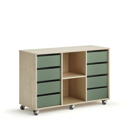 Elevförvaring CASPER, 8 lådor, 2 fack, hjul, björk, mörkgrön