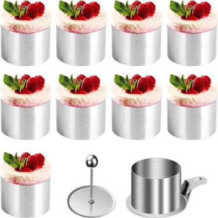 Sæt med 10 bageringe - Diameter 8 cm - Mousseforme i rustfrit stål - Inkluderer madpresser og spatel - Ovn- og opvaskemaskinesikre bageredskaber