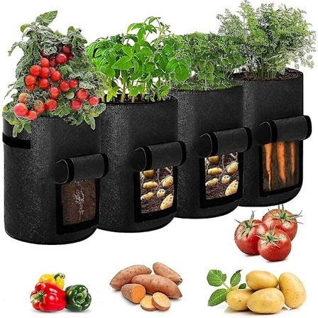 Grønnsakdyrkepose, hagepotet dyrkepose plantepottebeholder med vindusdeksel og håndtak (4 pakker med 7 gallons, svart)