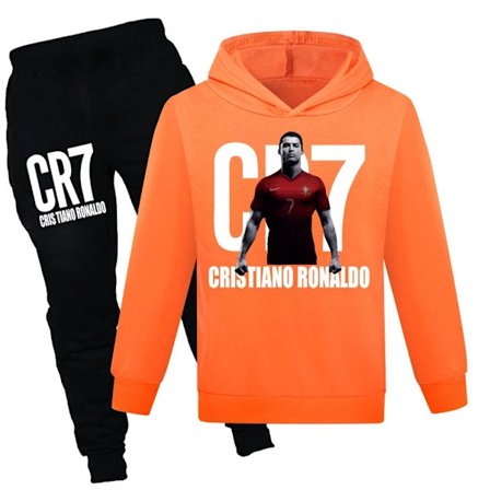CR7 Ronaldo Pojkar Träningsdräkt Fotboll Hoodie Tröja Topp + Byxor Outfit Orange01 170cm