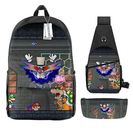 Tegneserie Super Mario Primær- og sekundærskoleelever Stor kapacitet Trykt Skuldertaske Penalhus Skoletaske Tre-delt sæt 31 -HGDMV