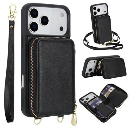 til iPhone 17 Taske Wallet Case, PU Læder Crossbody Telefon Taske med Lynlåslomme, Kreditkort Holder Håndledsrem Grøn iPhone 17