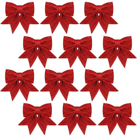 12 stk Røde Julebåndsløyfer for Tredekorasjoner, 12*15CM Juleglitter Kranssløyfer, Paljettsløyfer Juletresløyfer Ornamenter