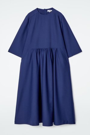 COS Femme Robe Midi Froncée En Laine Mélangée Dress in Bleu