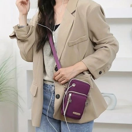 Dame Mini Crossbody Veske for Mobiltelefon - Trendy Nylon Skulderveske med Myntrom og Lommebok