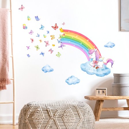 Regnbue Wall Decals Enhjørning Regnbue Sommerfugle Skyer Wall Stickers Baby Børneværelse Piger Soveværelse Stue Wall Decor