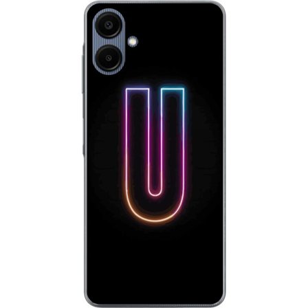 Kompatibel Mobilcover til Samsung Samsung Galaxy A06 Minimalistisk neonbogstav U i farverig lyseffekt mod sort baggrund
