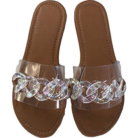 Dam Sandaler Strand Öppen Tå Platt Tofflor Transparent Mode Färgglad Kedja Klar Slide Flip Flops Slip on Utomhus Strand -----Brun(Storlek 43)