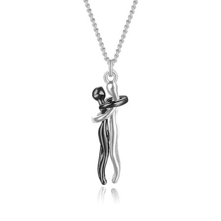 Kjede med omfavnende par, S925 sterling sølv, kjærlighets smykke for ham og henne, elsker Valentinsdag gave/YY Black and Silver