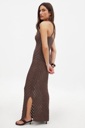 NA-KD Robe longue en maille crochetée de lurex - Robes Pull - Brun - L (EU 42-44)
