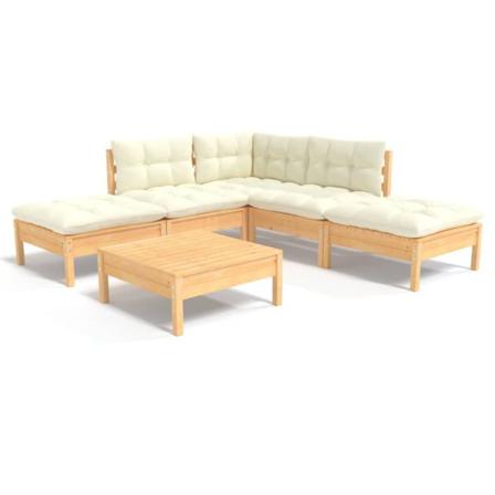 Vidaxl Loungegrupp Med Gräddvita Dynor 6 Delar Massiv Furu Creme