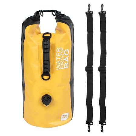 Ulkoilukäyttöön tarkoitettu 30 litran taitettava vedenpitävä reppu, rantaretkeilyyn, koskenlaskuun, säilytyskuivauspussi (keltainen)