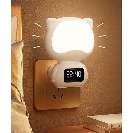 Hvit Kompakt Glatt Overflate Plast Katt Form For Soverom Bruk Nattbord Vegg Plugg Inn LED Digitalt Display Nattlys Vekkerklokke