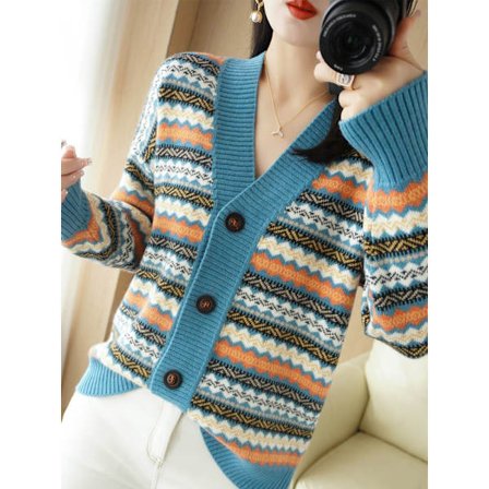 Dam flickor Stickad tröja Koreansk stil V-ringad Etnisk stil Jacquard stickad cardigan