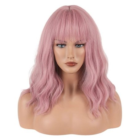 Skulderlang menneskehårsparyk, krøllet med pandehår