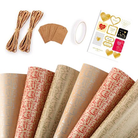 6 st Kraft Presentpapper, Blad Metallic Love Heart Wrappi