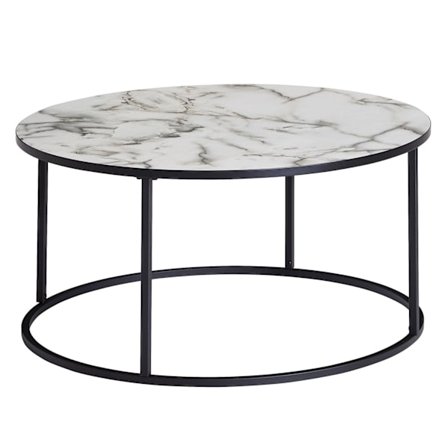 Rootz sofabord rundt 80x40x80 cm med hvid marmorlook - Stuebord med sort metalstel - Moderne dekorativt bord