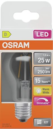 OSRAM Led Lyspære E27 Classic A25 250lm klar Dimbar Varmhvit