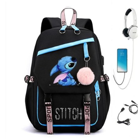 Lilo & Stitch Tema Vendbar Ryggsekk Studenter Skolesekk Stor Kapasitet Barn Reise Ryggsekk Med USB Ladeport