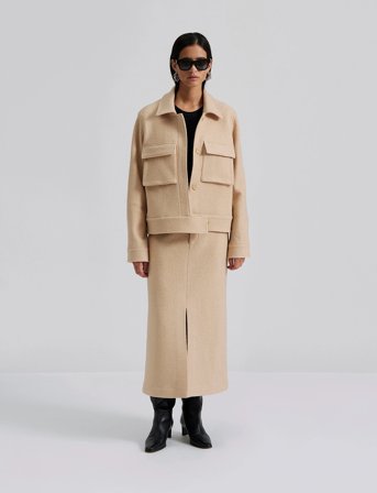 Malina Alina Front Slit Boucle Midi Skirt - Cream - M x 83