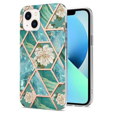 Marble Patterned Suojakuori With Ring Holder For iPhone 14 - Blue Flowers