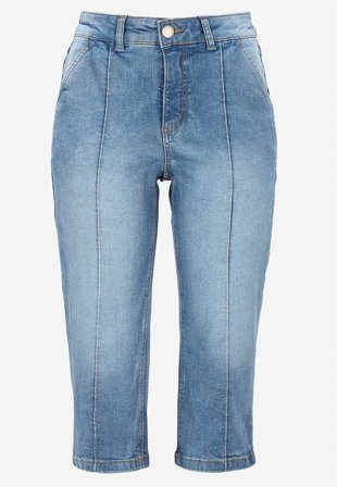 Cellbes of Sweden - Elastiske crop jeans med syet pressefold i mellemblå / denim til damer i størrelse 58