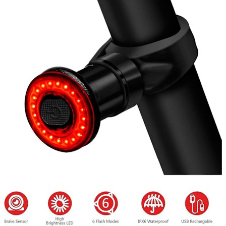 Cykelbaklykta, LED USB-laddning Smart broms 6 lägen