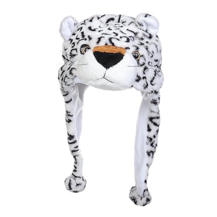 Mjuk plyschmössa - Supermjuk varm mössa med öronlappar, plyschdjur Halloween kostym leksaksmössa, mysig fleece vintermössa för barn vit leopard