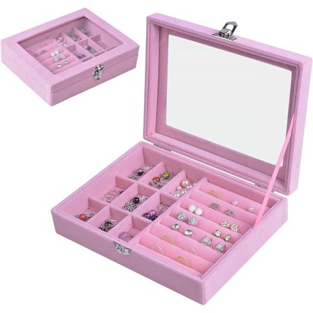 ING Smykkeskrin Organizer 9 Gitre Smykkeopbevaringsboks, Fløjls Låsbar Smykkeorganisator, Aftagelig Bakke, Ring Opbevaringslås, Pink