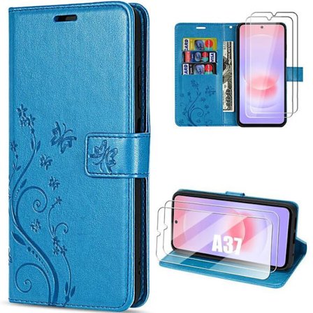 Coque Synthécuir - BOOLING - til Samsung Galaxy A37 5G - Stødabsorberende Blå Plante Mønster - 2 Glas