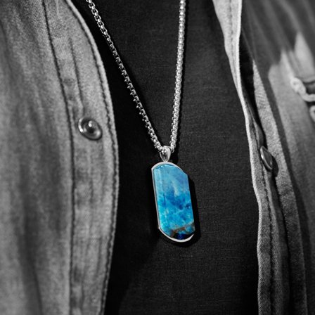 Orisun | Collana con piastrina in acciaio inossidabile color argento e pietra Apatite per uomini - Collane in acciaio