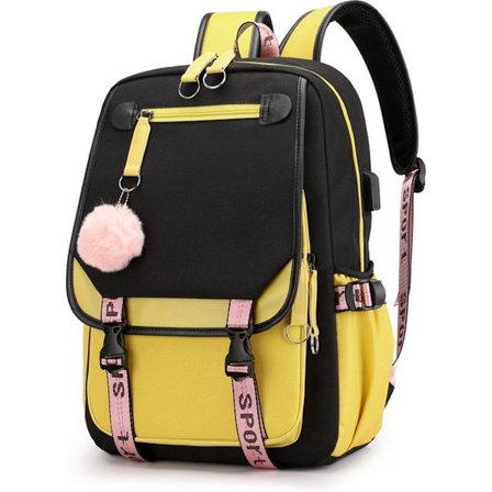 Skolväska för flickor, studenter, utomhusryggsäck med USB-laddningsport, svart gul, skolväska, ryggsäck, skolsäck, skola, flickor, pojkar, tonåringar