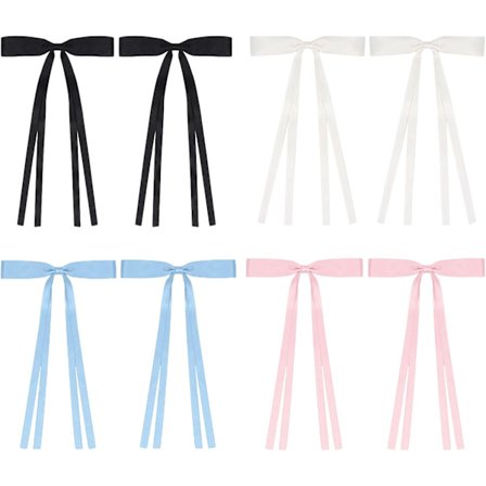 8 stk. hårspenner med sløyfe for kvinner, silkebånd med lang hale, bånd til hår, metallspenne med sløyfe (svart, rosa, blå, hvit)