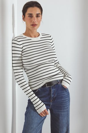 NA-KD Ribbed Knitted Round Neck Top - Strikkede toppe - Stribet - XS