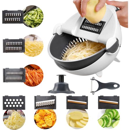 Grøntsagshakker 9 i 1, Multifunktionel grøntsagsskærer, grøntsagsskærer hakker rivejern med afløbskurv Køkkenmandolinværktøj