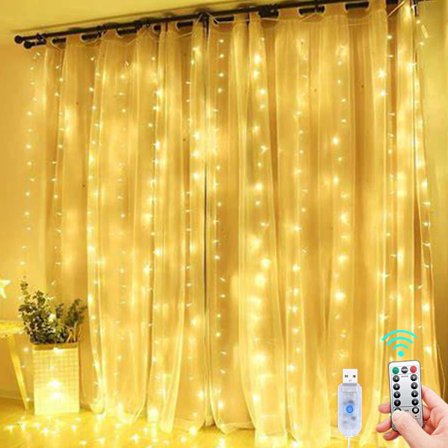 Sisäkäyttöön tarkoitetut valoketjut, 3m×3m, 300 LED-valoa 8 tilassa, kaukosäädin säädettävällä kirkkaudella, Ramadan-koriste, makuuhuone, ikkuna, 