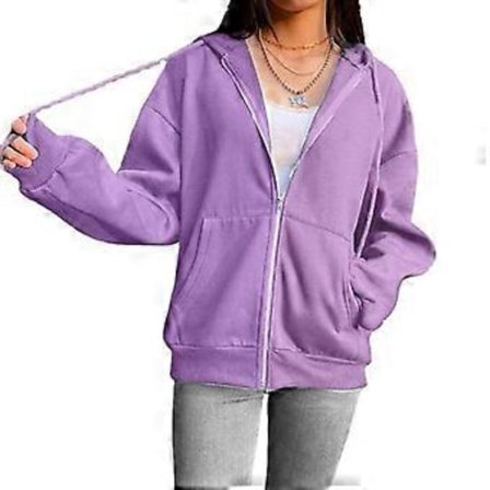 Hættetrøje med snøre, lange ærmer, lommer og lynlås, efterår ensfarvet dame sweatshirt jakke (2XL lilla)