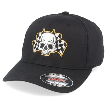 Born To Ride - Schwarz Flexfit Cap - Racing Flags Skull Black Flexfit @ Hatstore