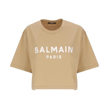 Balmain, T-Shirts Beige, Dames, Maat:S,Cotton,Bedrukt