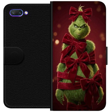 Yhteensopiva Lompakkokotelo Honor Honor 10 Grinchi-hahmo koristeltu punaisilla samettinauhoilla juhlavassa studiossa, leikkisällä ja humoristisella