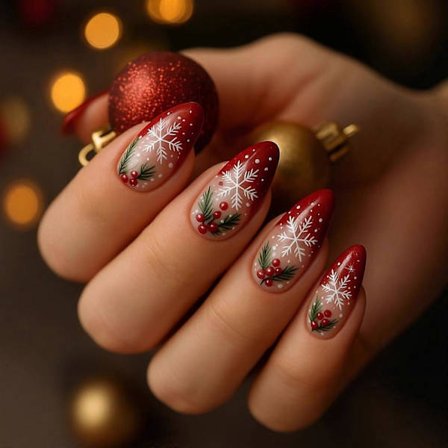 24 Röda snöflingor Design Press On Naglar Mandelform ABS Hypoallergena Snabbt Passande För Högtidsfirande[HK]