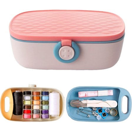 Bærbart sysett med nål og tråd i plastkoffert, kompakt reisesysaker for voksne, rosa