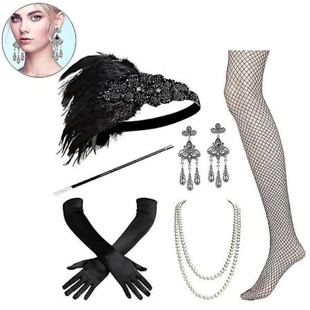 1920-tals set Flapper Pannband, örhängen, pärlhalsband, handskar